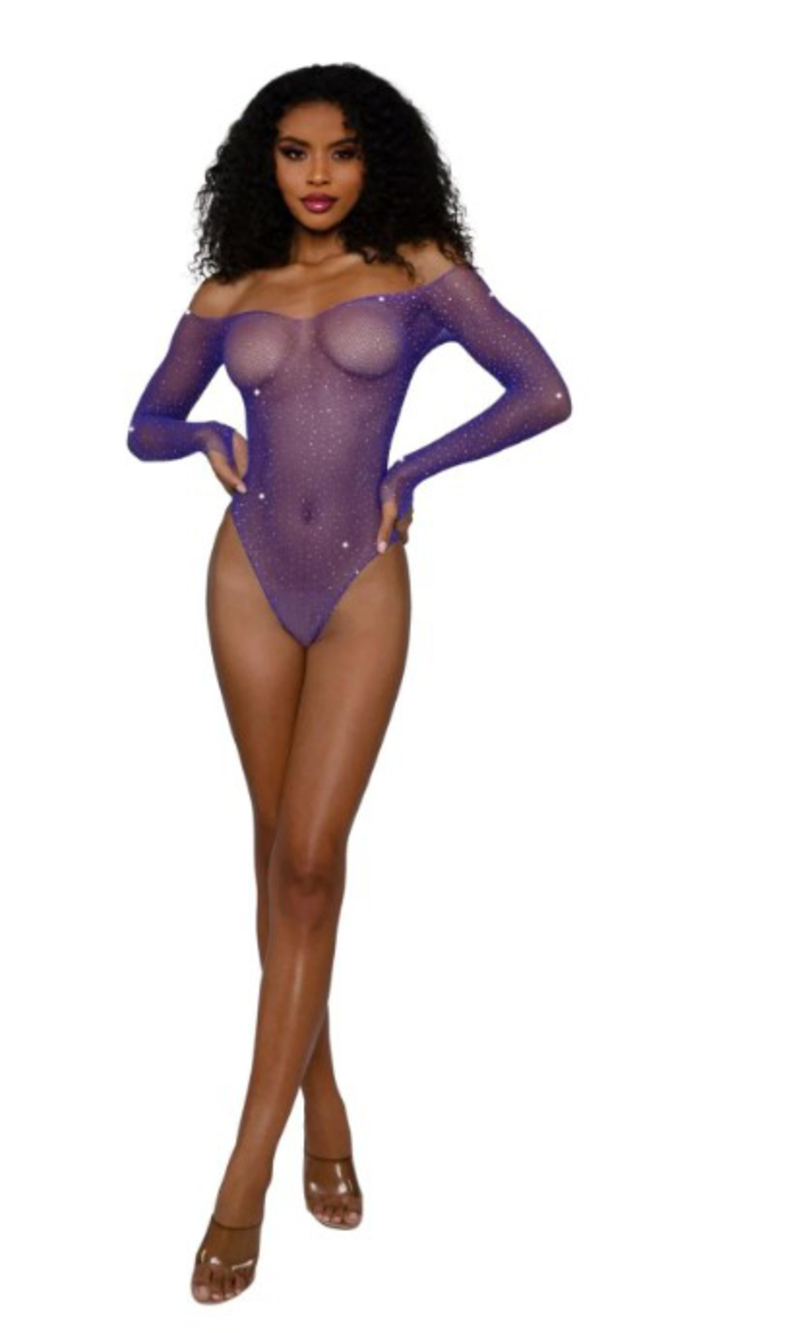 Ultra Violet Dreamgirl Rhinestone Off-Shoulder Bodysuit